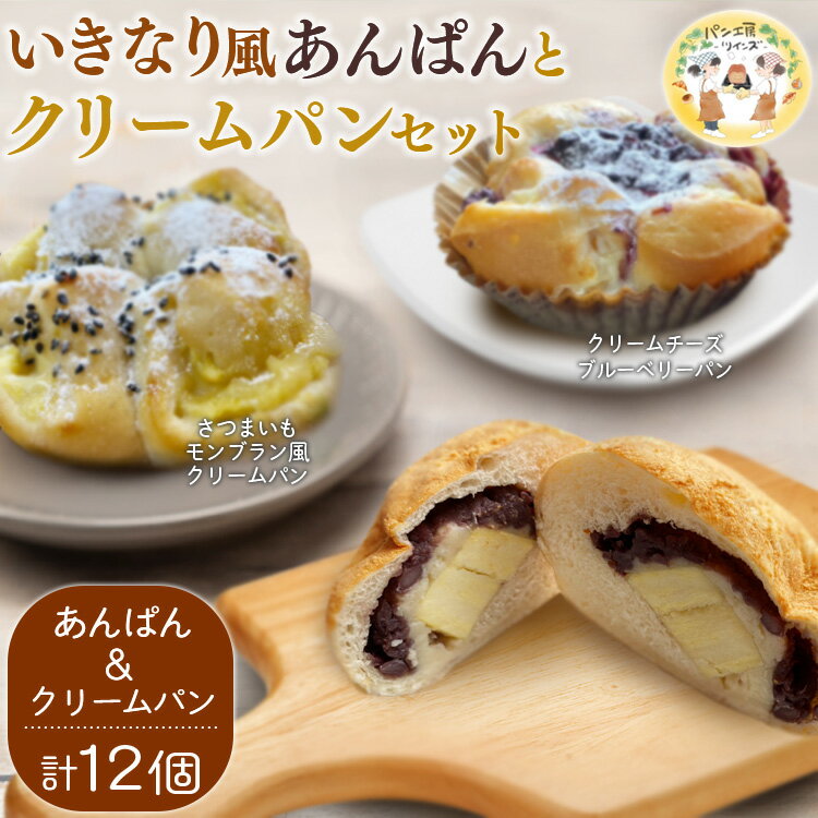 【ふるさと納税】パン工房ツインズ いきなり風あんぱんとクリームパン セット (いきなり風あんぱん×4個・さつまいもモンブラン風クリームパン×4個・クリームチーズブルーベリーパン×4個)　 　お届け時期：入金確認後20日前後