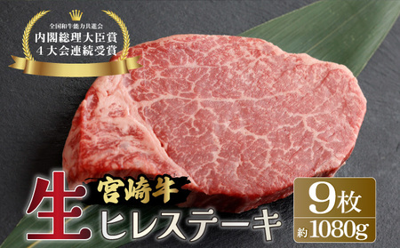 KU206-9＜冷蔵・真空包装＞希少部位！A4等級以上！宮崎牛ヒレステーキ9枚（約1,080g）【スーパーほりぐち】