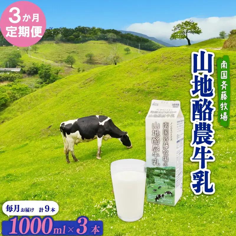 【3か月定期便】山地酪農牛乳1L×3本 バターができる ミルク 低温殺菌 生乳100％ 成分無調整 牛乳 高知県 南国市