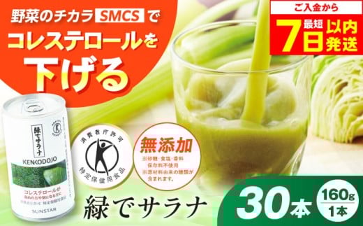 【最短7日以内発送】サンスター 緑でサラナ 30本セット 160g 野菜ジュース 青汁 サラナ 缶 ケース まとめ買い 健康 特定保健用食品 トクホ コレステロール 保存料不使用 無添加 国産 長期保存 常温 防災 ギフト 健康習慣 野菜不足解消 コレステロールを下げる 特定保健用食品 トクホ ドリンク 飲料 健康ドリンク ケース販売 備蓄 大阪府高槻市/サンスター[AOAD034]