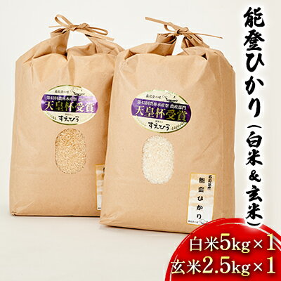 【ふるさと納税】【令和7年度産米】能登ひかり（白米＆玄米）白米5kg×1 玄米2.5kg×1 お米 石川県産　お届け：準備出来次第出荷
