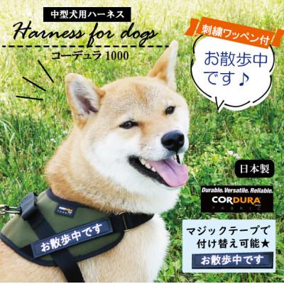 ふるさと納税 守谷市 【中型犬用】ハーネス　コーデュラ×刺繍ワッペン付(お散歩中)ネイビー |  | 01