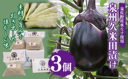 泉州特産 水なす ぬか漬け 3個【泉州久米田漬け 水茄子 なす 旬 野菜 おつまみ ギフト 贈り物】