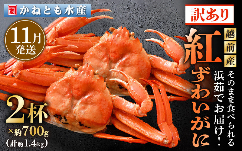 
【訳あり】≪浜茹で≫越前産 紅ずわいがに 約700g × 2杯 食べ方しおり付【紅ズワイガニ カニ かに 蟹 姿 ボイル 冷蔵 福井県】【11月発送分】希望日指定不可 [e14-x025_11]
