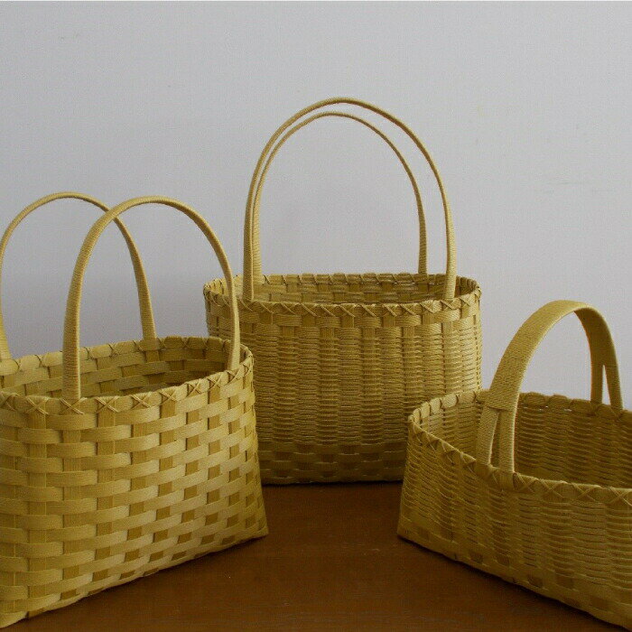 【ふるさと納税】【新春感謝祭】14-63 ショッピングバック 3点セット(からし)｜ 3点 セット 鞄 バッグ バスケット 籠 かご 編み込みバッグ シンプル 手作り からし 色 通販 ギフト ふるさと納税 故郷 納税 北海道 紋別市 紋別