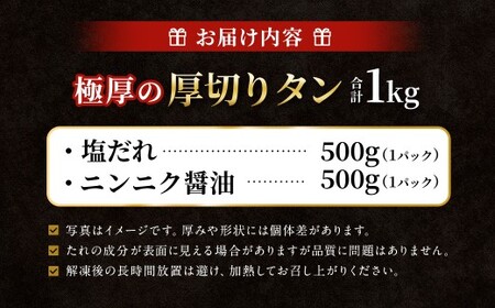  【ふるさと納税3.0対象】極厚の厚切りタン 1kg （500g×2パック） 塩だれ×ニンニク醤油