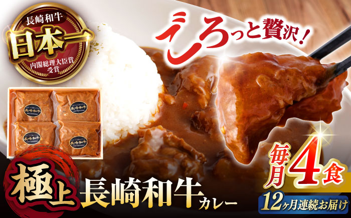 【12回定期便】 【肉のプロが贈る 究極のカレー】長崎和牛 A5 カレー 約275g×4袋 / カレーライス かれー レトルト 牛 和牛 / 諫早市 / 野中精肉店 [AHCW100]