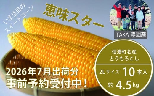 2026年夏の早期予約受付開始！信濃町名産とうもろこし『TAKA農園の恵味（めぐみ）スター』2Lサイズ（1本450ｇ相当）×10本セット｜生でも食べられる信濃町産スイートコーンの人気品種 令和8年7月中旬～下旬に出荷予定【長野県信濃町】