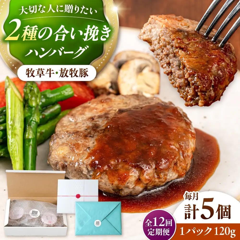 【全12回定期便】　【牧草牛×放牧豚】ハンバーグ 5個 牛肉 豚肉 小分け 冷凍 北海道 [AXBP029]