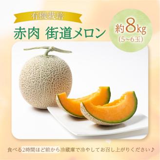 【予約：2024年7月から順次発送】北海道産 有機栽培赤肉街道メロン 約8kg(5～6玉)( 果物 くだもの フルーツ デザート 果実 赤肉 8キロ 8kg )【034-0006-2024】