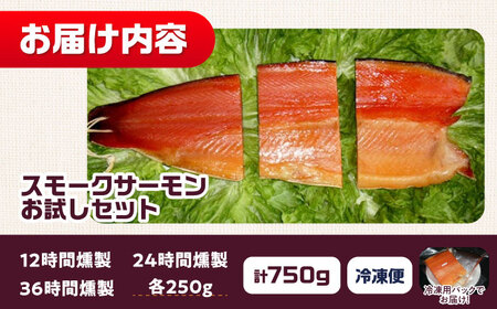 一番人気！スモークサーモンお試しセット 約750g 12時間・24時間・36時間燻製の詰め合わせ 冷凍 サーモン 鮭 さけ サケ 魚 燻製 スモーク 大阪府高槻市/スモークサーモンのウエマツ[AOEF