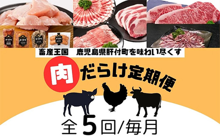 【E90002】＜定期便・全5回＞肝付町セレクト定期便《肉だらけ定期便B》 鹿児島 牛肉 黒毛和牛 豚肉 黒豚 鶏肉 唐揚げ 味付け 定期便 セレクト 加工品 肉加工品 簡単調理 冷凍 冷凍食品 【株式会社きもつき未来商社そらまち】