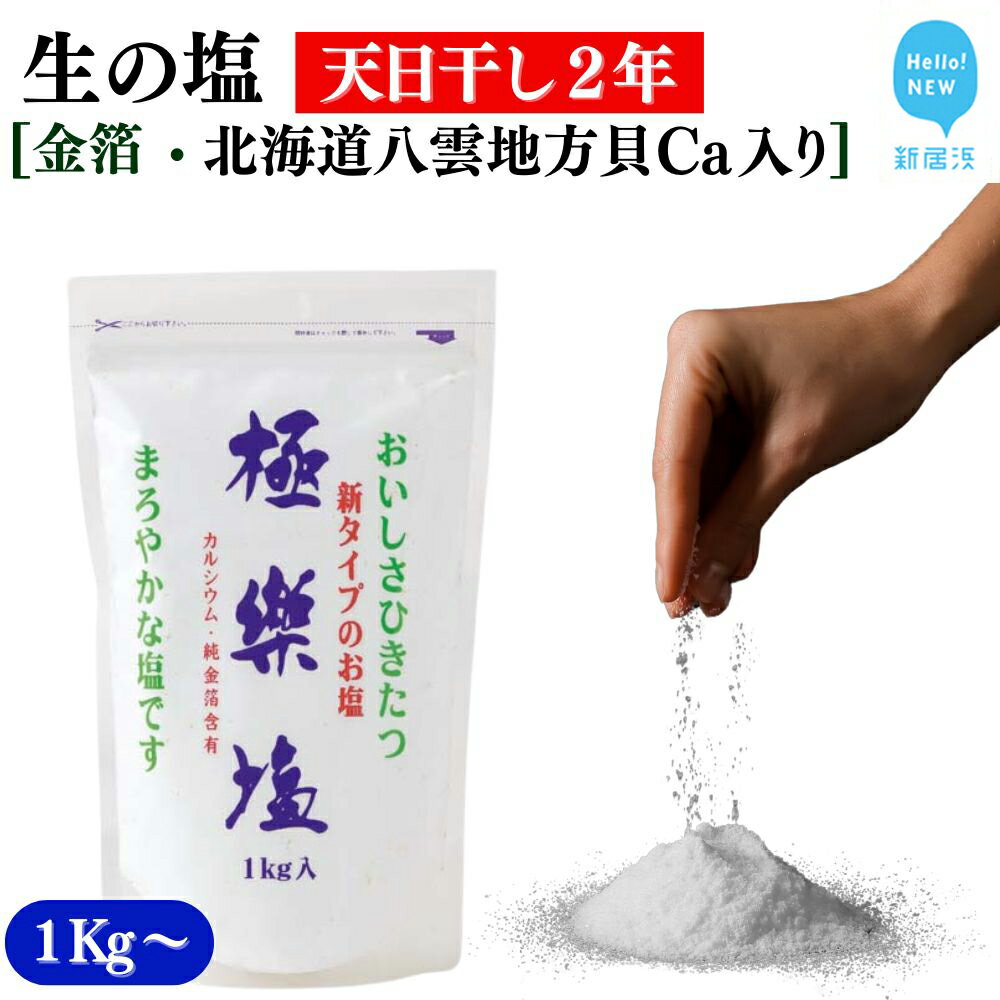 【ふるさと納税】天日干し2年! 火入れしない生の塩 極楽塩 1kg 金箔 北海道産八雲産ニシキ貝の貝殻化石カルシウム入り こだわりの製法 塩 食塩 海塩 調味料 ソルト お清め 美容 入浴 うがい 歯磨き