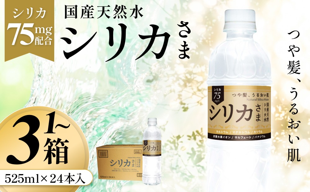 
                  国産天然水 シリカさま 選べる 1箱 - 3箱 525ml × 24本 シリカ 75mg L含有  無添加 ナチュラル ミネラルウォーター 水 天然水 鉱水 軟水 ウォーター 飲料水 大分県 大分
                