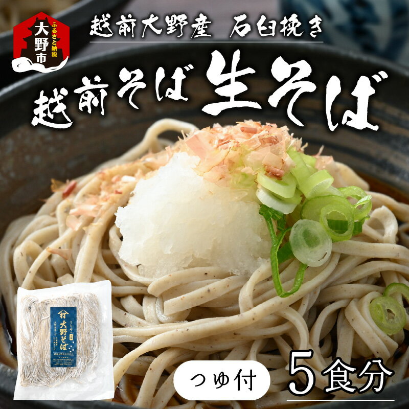 【ふるさと納税】生そば 石臼挽き 越前そば 5食 つゆ付 大野市 そば 在来種 老舗 おろしそば ざるそば 名水 石臼 自家製麺 冷蔵 生麺 おうち時間 冷凍 香り のどごし 国産 福井 送料無料 国内製造 [A-018013]