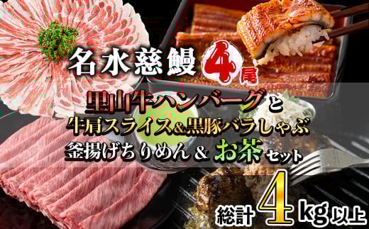 名水慈鰻4尾と牛肩スライス＆黒豚バラしゃぶ＆釜揚げちりめん＆里山牛ハンバーグ＆お茶セット 総計4kg超！ うなぎ 鰻 蒲焼 真空パック 牛肉 豚肉 黒豚 バラ しゃぶしゃぶ ハンバーグ ちりめん しらす ちりめんじゃこ 緑茶 wa0-002