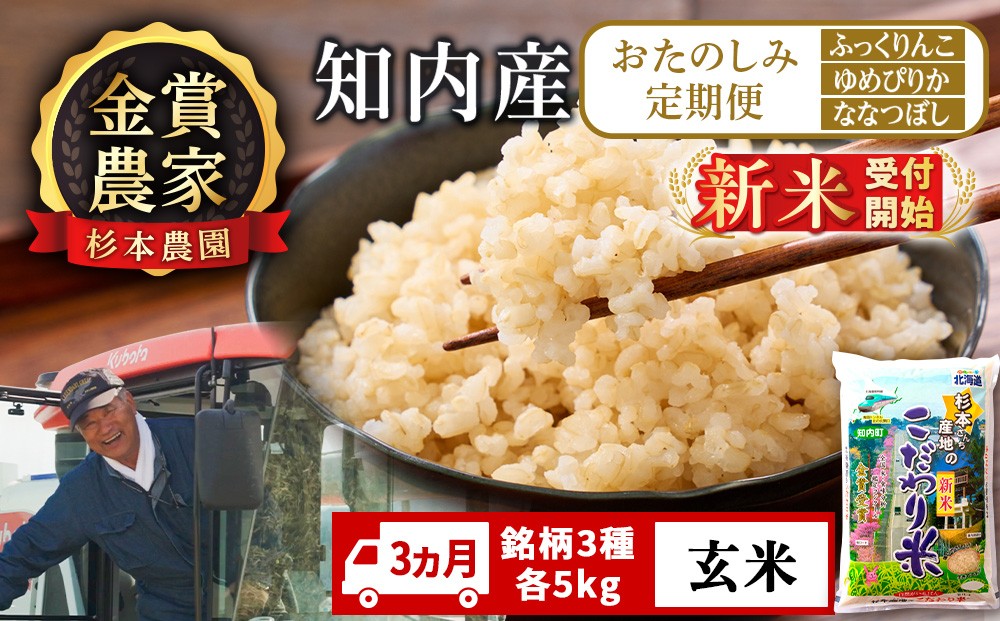 
                  【新米予約】〈3ヵ月定期便〉毎月変わる品種をお届け★≪【玄米】ふっくりんこ、ゆめぴりか、ななつぼし　各5kg≫
                