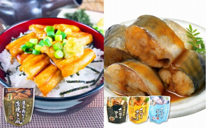 【ふるさと納税】 あなご蒲焼き風＆さば煮付けセット アナゴ 穴子 加工品 常温保存 長期保存 さかな 魚 サカナ グルメ 海鮮 おかず ご飯のお供 蒲焼き かばやき 蒲焼 ひつまぶし タレ サバ 鯖 旨煮 味噌煮 水煮 北海道 B-09078