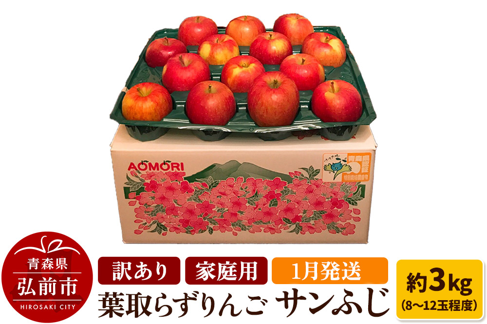 りんご 訳あり家庭用【年明け発送】葉取らず サンふじ 約3kg（8～12玉程度）青森県特別栽培農産物認証農園