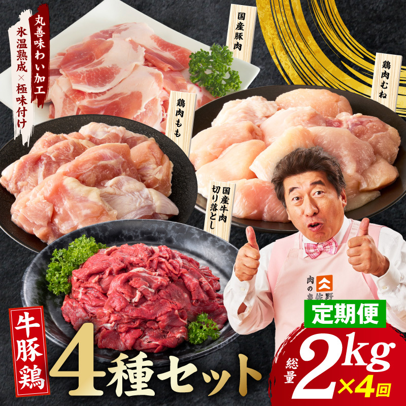 【定期便】国産 牛豚鶏 4種セット 2kg×4回【氷温熟成×極味付け 牛肉 豚肉 鶏肉 もも むね 食べ比べ 普段使い 味付き 小分け 訳あり サイズ不揃い 毎月配送コース】 mrzZ087