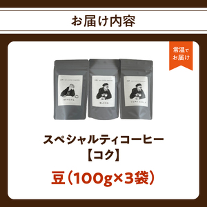 スペシャルティコーヒー【こく】豆 100g×3袋【メール便】 コーヒー 珈琲 豆 自家焙煎 スペシャルティコーヒー 美味しい セット 福岡県 八女市 ポスト投函 簡易包装 訳あり 216-003