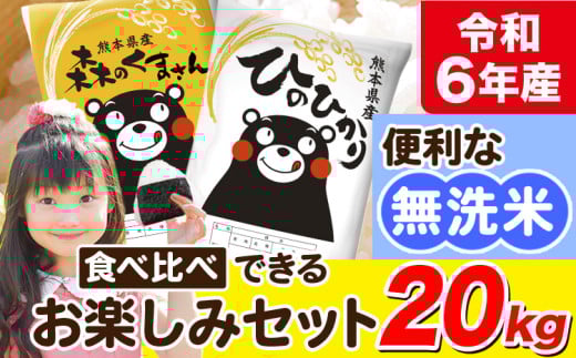 令和6年産 無洗米 ひのひかり 森のくまさん 2種 食べ比べ 米 20kg 《7-14日以内に出荷予定(土日祝除く)》 ヒノヒカリ お米 こめ 高レビュー  熊本県産（荒尾市産含む） 精米 荒尾市 森くま ブランド米 ご飯 st-p