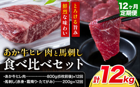 あか牛 ヒレ肉 800g(6枚前後)・馬刺し 200g 食べ比べセット 12ヶ月定期便 計12kg たべたせいか