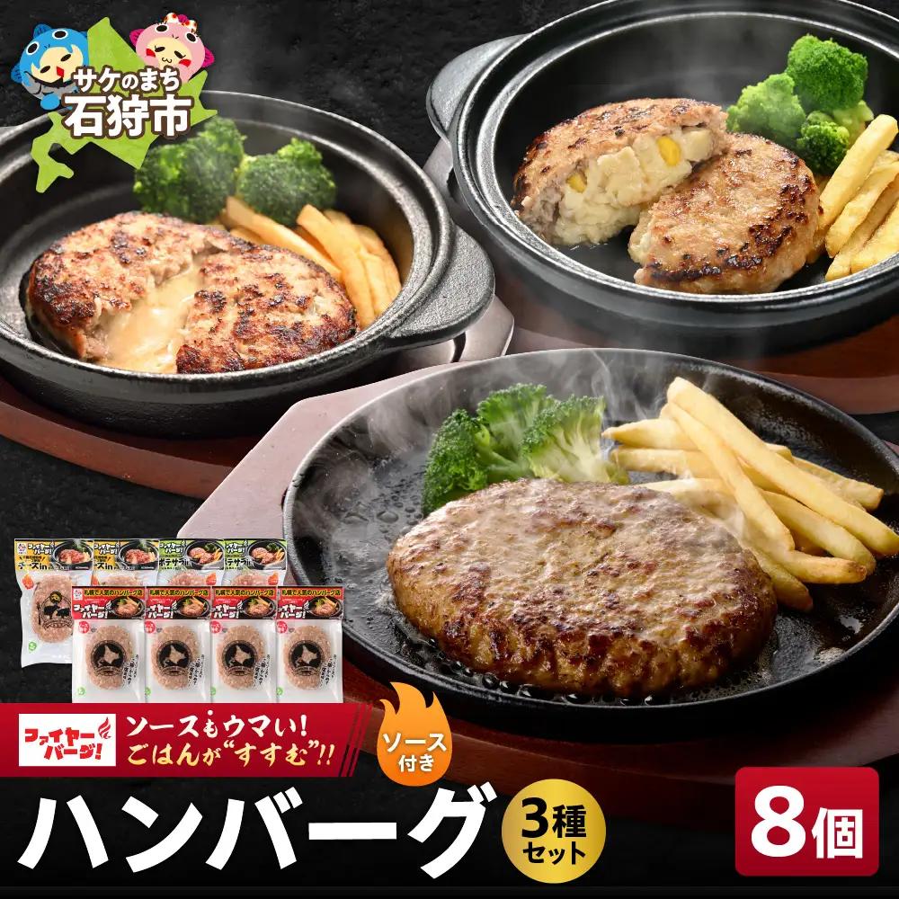 【ふるなびWEEK対象】ハンバーグ 専門店の3種セット 8個（レギュラー・チーズ・ポテサラ）｜ファイヤーバーグ 人気 おかず 惣菜 北海道 石狩市