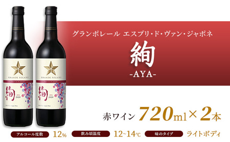 ワイン グランポレール エスプリ・ド・ヴァン・ジャポネ 絢 -AYA- 2本（1本 720ml）赤ワイン ライトボディ サッポロビール 岡山ワイナリー お酒 国産ワイン 果実香 酸味 程よい熟成感 タ