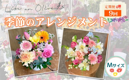 【定期便】アレンジメント【M】（毎月定期便）　【選べる回数：9回】【フラワーアレンジメント アレンジメント 季節の花 生花 花 植物 ブーケ ギフト プレゼント インテリア お楽しみ 】