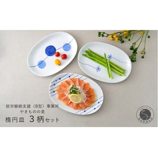 有田焼 染付 楕円皿 3柄セット（すだれ十草・ゆらぎ花・ゆらぎ2色玉だみ）【やきものの里】食器 器 うつわ プレート 電子レンジ対応 磁器 fm003