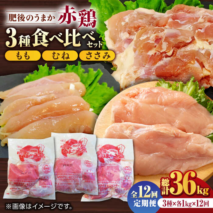 【ふるさと納税】【12回定期便】肥後のうまか 赤鶏 3種食べ比べセット（もも むね ささみ）各1kg【山内飼料 株式会社 熊本営業所】[ZAB017] 定期 12ヶ月 鶏 とり肉 鳥 銘柄鶏 産地 国産 国産鶏 冷凍 大容量 むね肉 もも肉 ヘルシー 部位 贅沢 詰め合わせ 山鹿