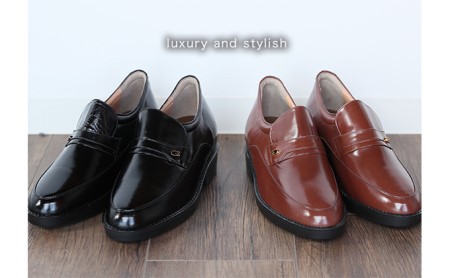 ビジネスシューズ 本革 革靴 カンガルー革 紳士靴 モカスリッポン 7cmアップ シークレットシューズ No.234 ブラウン 23.5cm