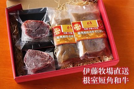 【北海道根室産】短角和牛ヒレステーキ150g×2P、牛すじカレー2P B-13004