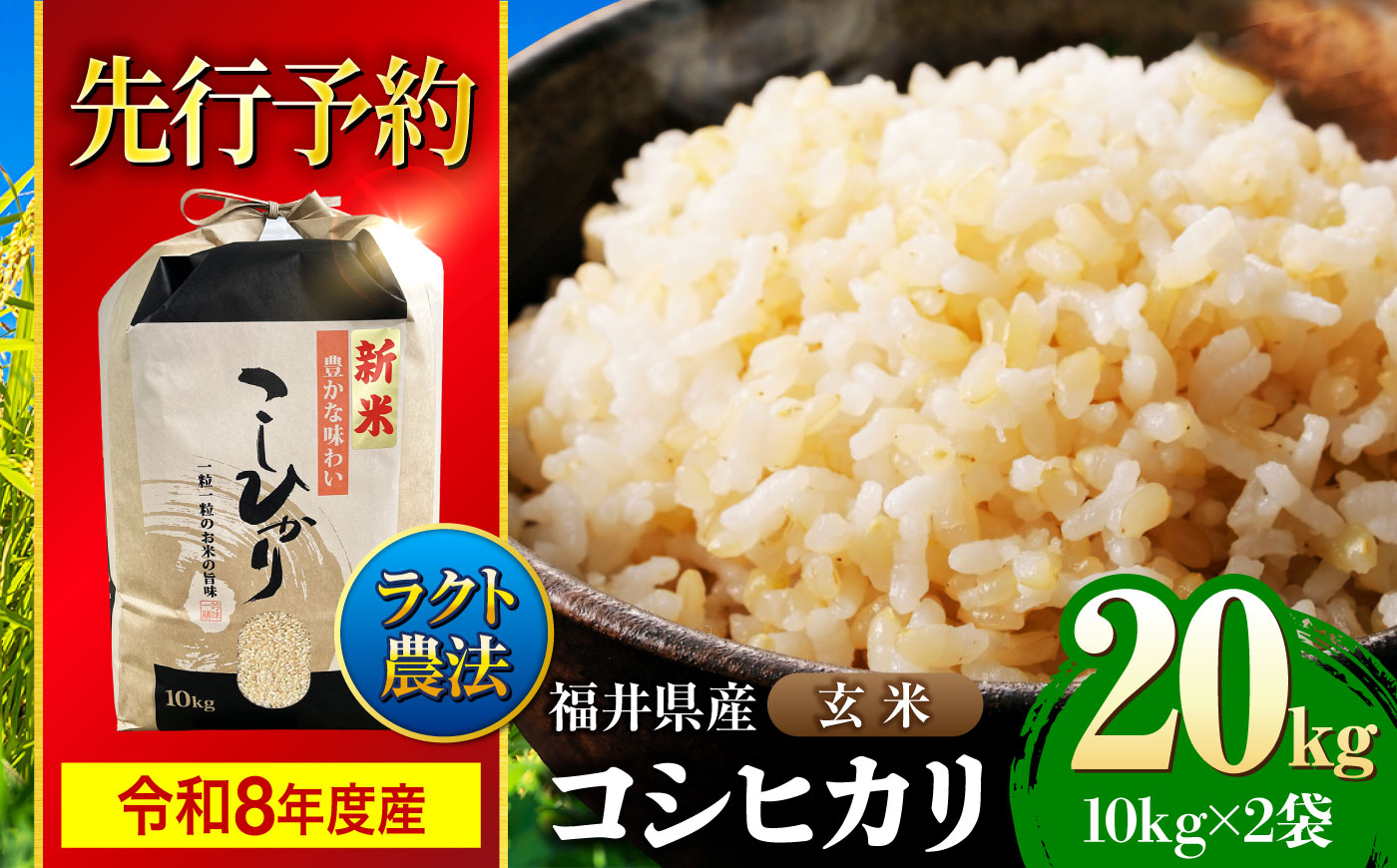 【令和8年産 新米】 【 先行予約 /9月中旬から発送】　福井県産 ラクト農法 コシヒカリ 玄米 10kg×2 （20kg）/ 米 お米 精米 国産米 /  小浜市 / 北川博司 [BFDG007]