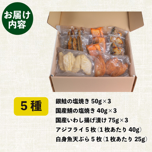 お弁当 お惣菜 5種セット 鮭 鯖  冷凍 惣菜 アジフライ 白身天ぷら いわし揚げ タレ漬け MH