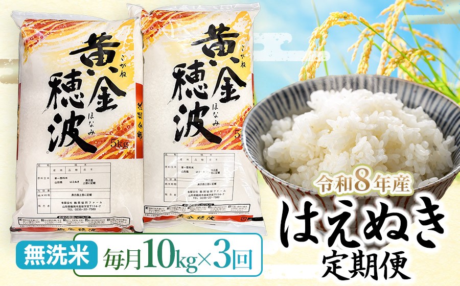 
                  【令和8年産】【3ヶ月定期便】はえぬき 無洗米10kg(5kg×2袋)×3回 山形県鶴岡市 らん工房 | 定期 10キロ 米 お米 おこめ コメ こめ 食品 ご飯 ごはん おいしい お取り寄せ 農家直送 お弁当 おにぎり 東北 国産 おすすめ 人気 返礼品
                