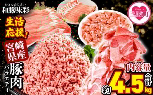 ＜【生活応援】宮崎県産 味彩豚 豚肉バラエティセット 約4.5kg＞ぶた ブタ 切り落とし 豚こま ローススライス 生姜焼き しゃぶしゃぶ 豚ミンチ ハンバーグ 野菜炒め 餃子 煮込み 炒め物 たっぷり料理 【MI634-tr】【TRINITY】
