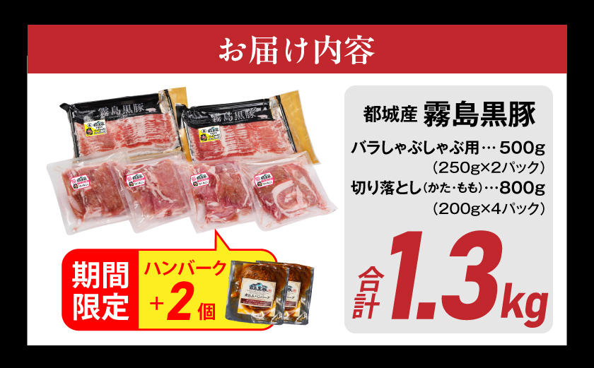 家計応援キャンペーン!霧島黒豚バラしゃぶ&切り落とし1.3kgセット+ハンバーグ_11-2807-CP