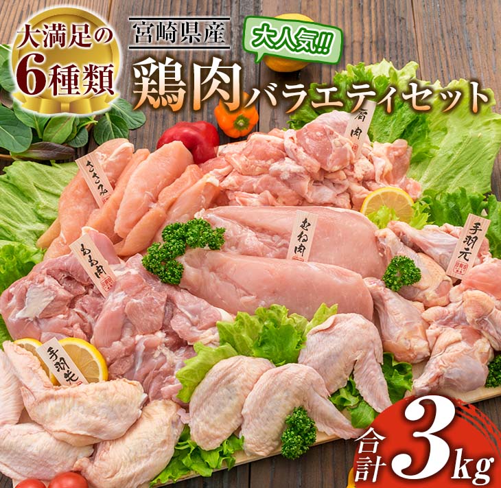 BC123-25_≪様々な料理に大活躍!≫ 小分け 真空パック 鶏肉 バラエティ セット 合計3kg 鶏もも肉 鶏むね肉 ささみ 手羽先 手羽元 詰め合わせ 国産 肉 6種 食品 BBQ 人気