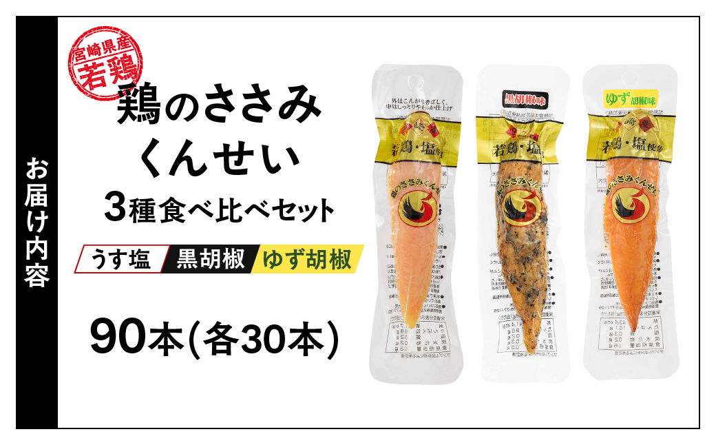 鶏のささみくんせい 3種食べ比べ 90本セット ＜うす塩・黒胡椒・ゆず胡椒 ＞ おつまみ スモーク チキン 燻製【雲海物産】_A0114-157