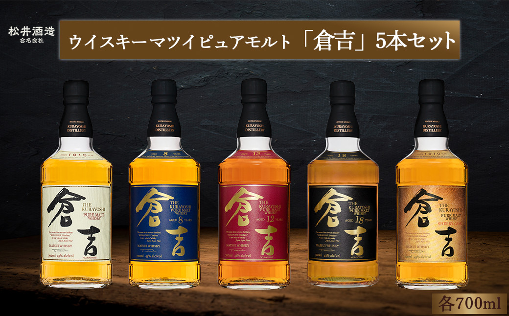 
                  ウイスキー マツイピュアモルト倉吉セット（各700ml×5本） ジャパニーズウイスキー お酒 洋酒 原酒 ウイスキー ハイボール モルト ピュアモルト モルトウイスキー ホワイトオーク シェリーカスク 水割り ロック 鳥取県 倉吉市
                