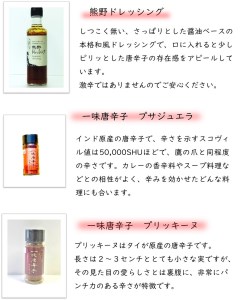 【テレビで紹介されました】 熊野唐辛子ギフト⑧（一味唐辛子（プサジュエラ）１本+一味唐辛子（プリッキーヌ）１本＋ドレッシング）【kmng0015】