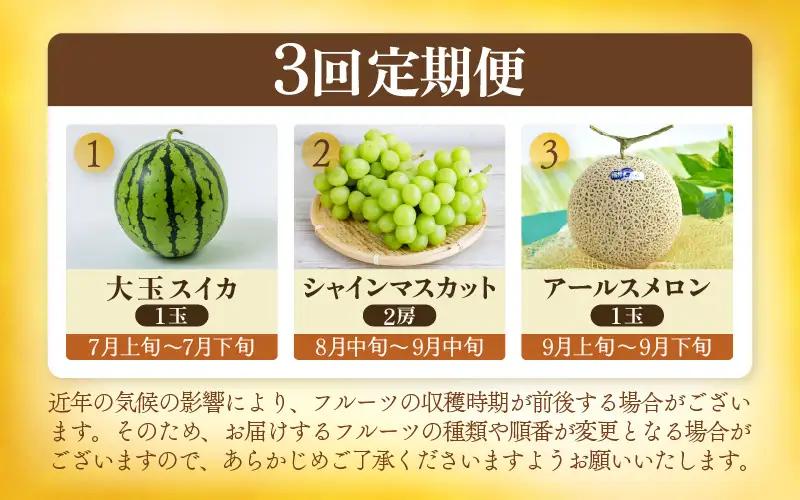 【先行予約】【定期便 3回コース】坂井市フルーツ三昧！！お試し3回コース (アールスメロン1玉 ＆ シャインマスカット1房 ＆ 大玉スイカ1玉) 【2027年6月中旬以降順次発送予定】 [E-3216