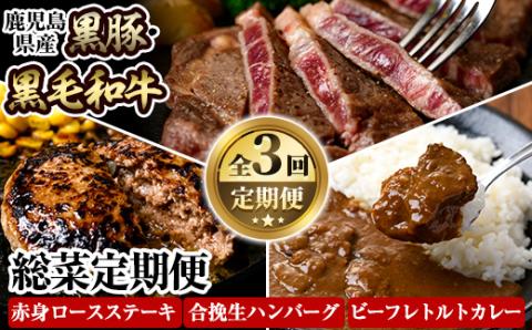 a838 ≪数量限定・定期便全3回≫黒豚・和牛の総菜定期便！計2.7kg超！【水迫畜産】