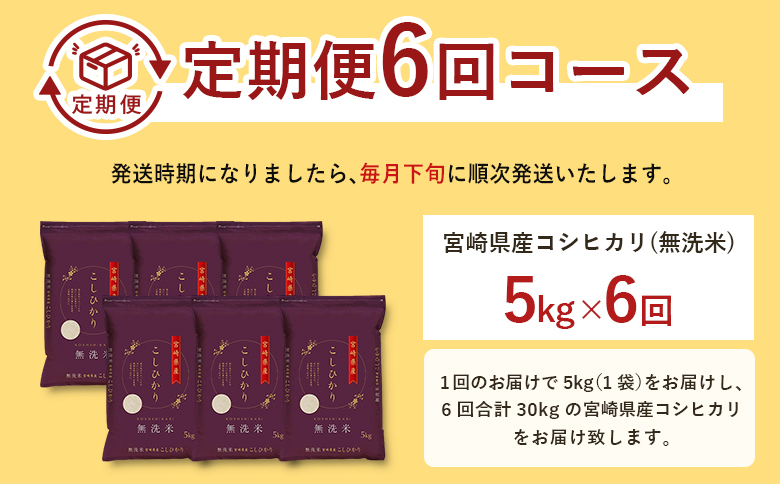 【6か月定期便】無洗米 ＜チャック付＞ 新米 国産 令和8年産 こしひかり コシヒカリ 5kg×6回 宮崎県産 お米 白米 おすすめ 簡単 ご飯 弁当 精米 おにぎり