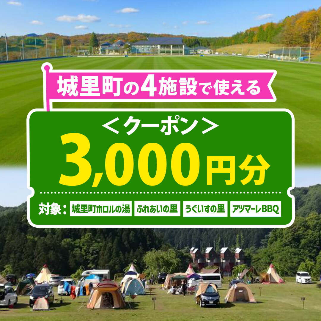 【ふるさと納税】＜城里町ホロルの湯、ふれあいの里、うぐいすの里、アツマーレBBQで使えるクーポン券＞3,000円分 （1000円×3枚）利用券 ギフト券 温泉 日帰り 家族 旅行 キャンプ場 ファミリー オートキャンプ BBQ バーベキュー プール 施設 テニス 城里町 茨城県