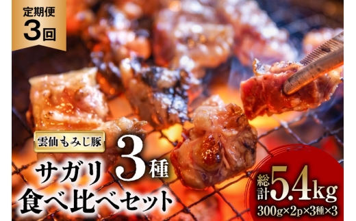 AK093【3回定期便】 雲仙もみじ豚 サガリ 3種 食べ比べ セット 計1.8kg（300g×3種×各2パック） [ 肉 豚 豚肉 ブタ サガリ 食べ比べ 冷凍 味付き 小分け ダイニング味遊 長崎県 島原市 ]