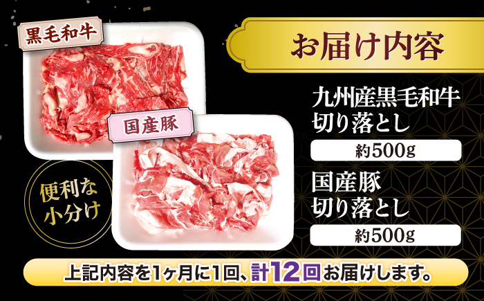 【12回定期便】【迷ったらこれ！】九州産黒毛和牛 国産豚 切り落とし 計12kg（約1kg×12回） ＜宮本畜産＞ [CFA021]