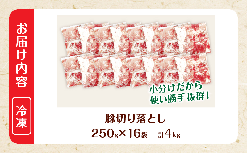 大人気 生冷凍 厳選 豚切り落とし 計4kg 国産 食品 豚肉 ぶた ポーク 小分け 個包装 真空パック 便利 大容量 生姜焼き 野菜炒め 豚汁 肉じゃが 豚丼 お弁当 おかず 晩ご飯 おすすめ 使い切りサイズ 万能食材 おすそ分け 宮崎県 日南市 送料無料_CD87-26-2W